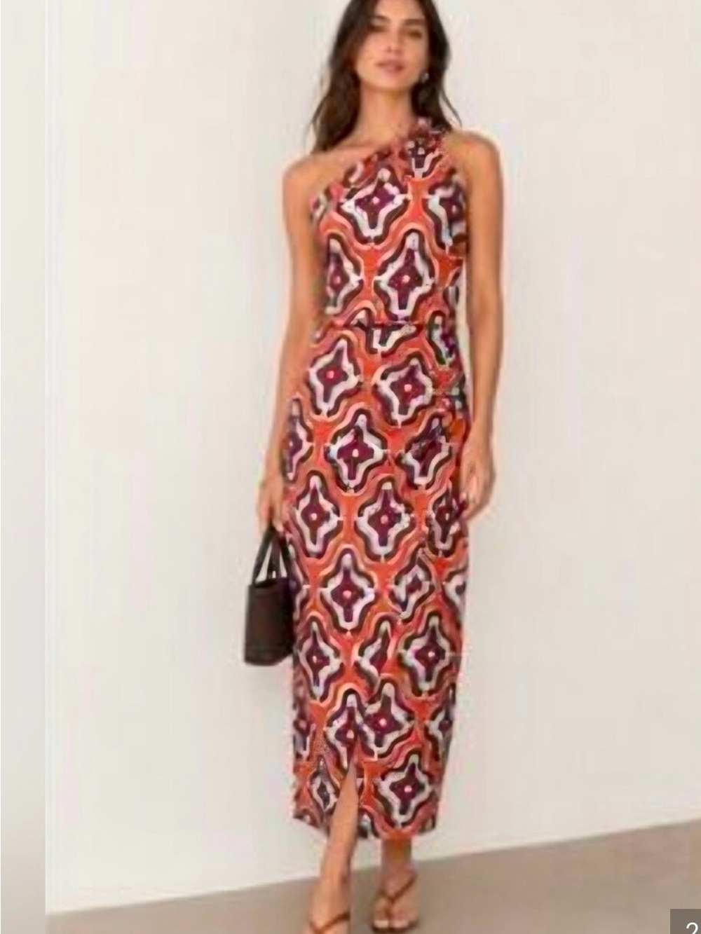ZARA Printed Asymmetric Hem Midi Dress XS NWT Orange Brown Halter 3611/369/330